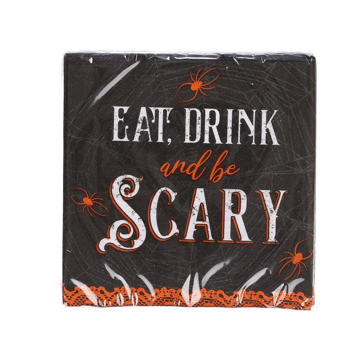 Halloween beverage napkin set, black with spiderweb text “Eat, Drink and be Scary”.