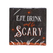 Halloween beverage napkin set, black with spiderweb text “Eat, Drink and be Scary”.