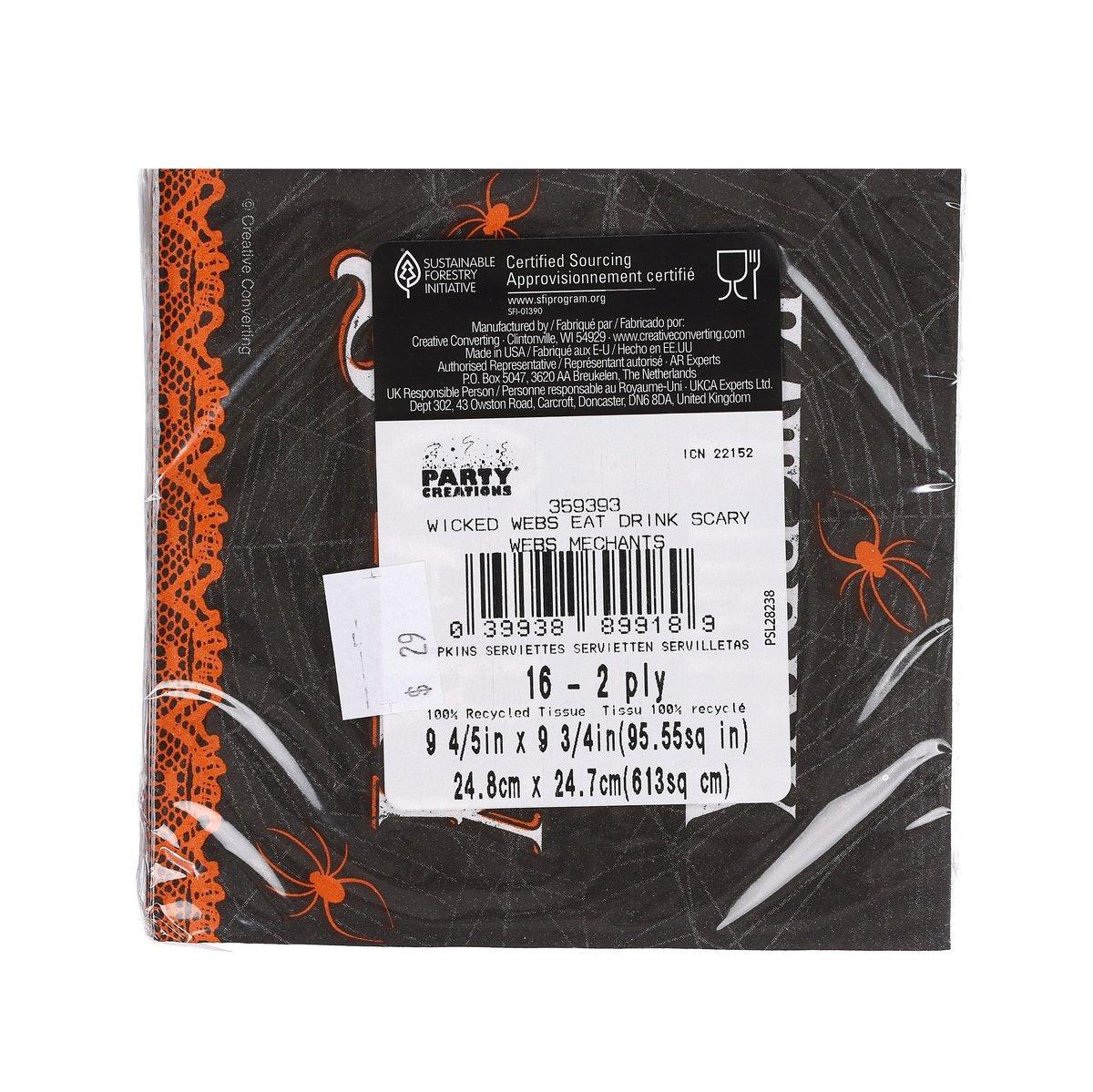 Halloween beverage napkins, 16-count, black with spiderweb graphic; back label shown.