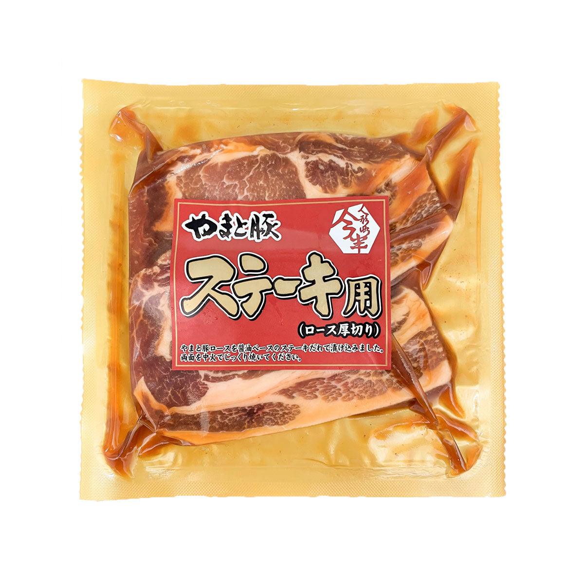Soy sauce pork loin steak pouch, front view with marbled meat and red label