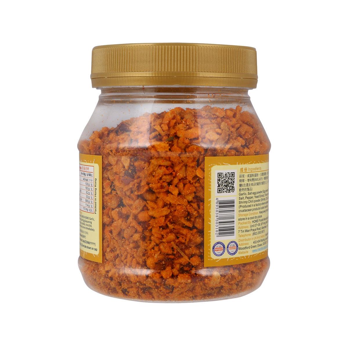 Garlic shrimp & salt egg seasoning jar, 150g, back label with barcode and QR code