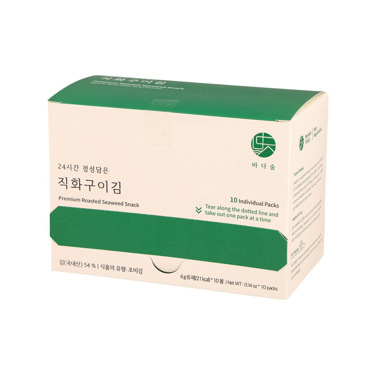 Roasted seaweed snack carton with green panel and cream sides, sealed packaging