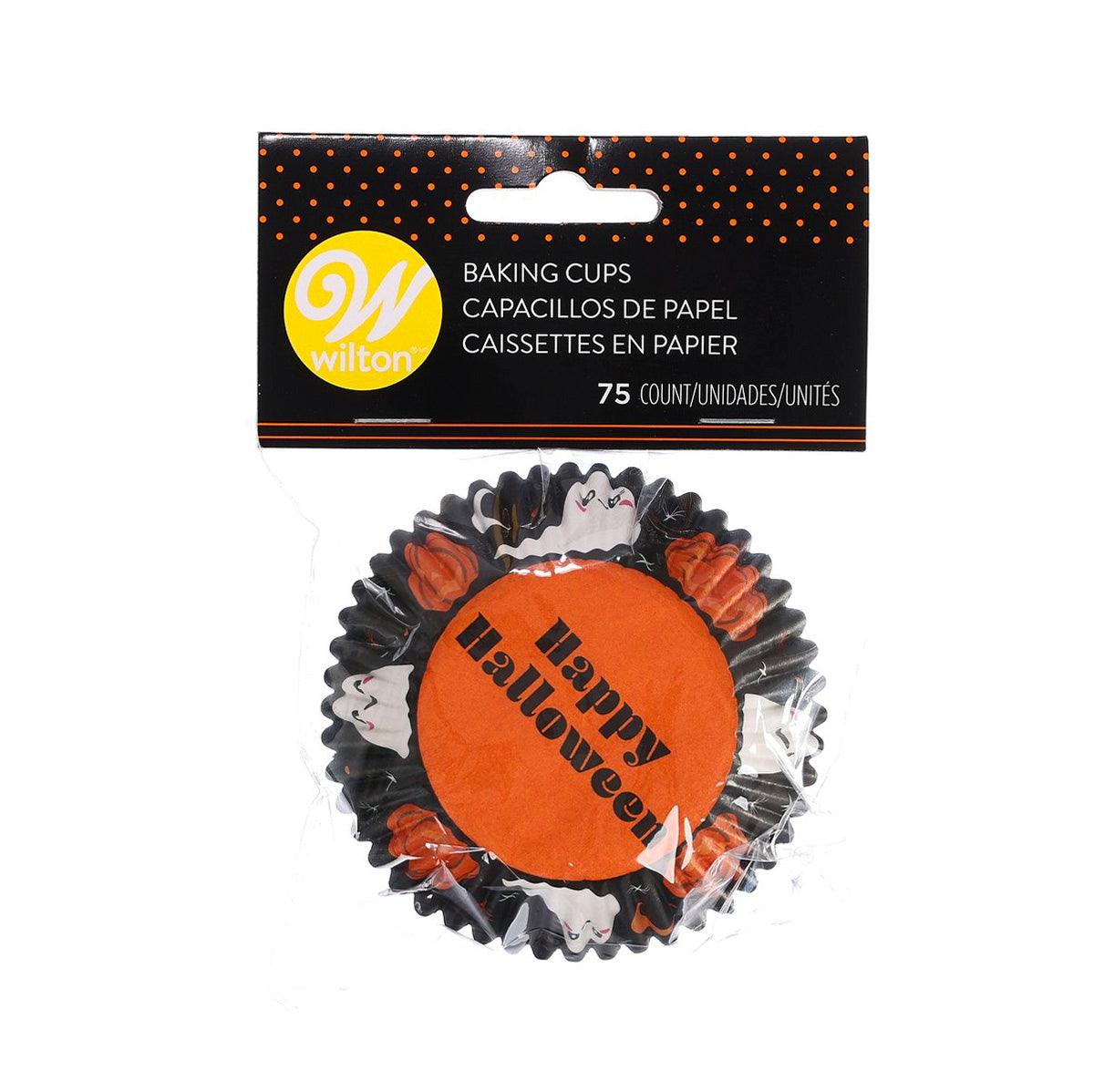 Halloween baking cups, black ruffled paper with orange “Happy Halloween” center