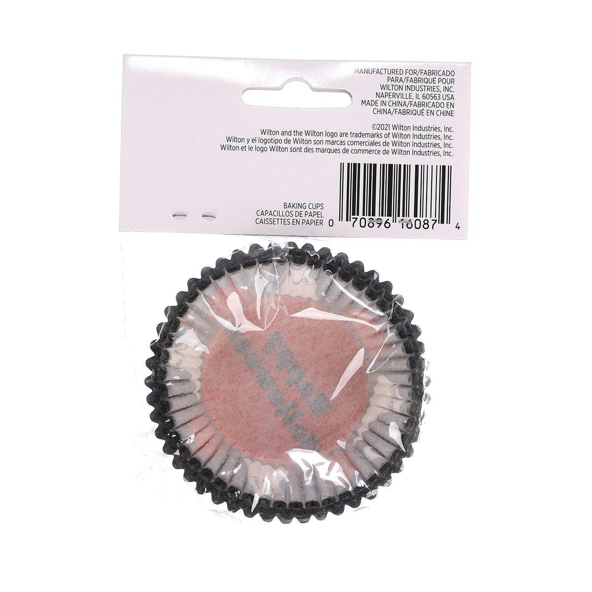 Halloween baking cup, black ruffled edge with orange and pink print under plastic