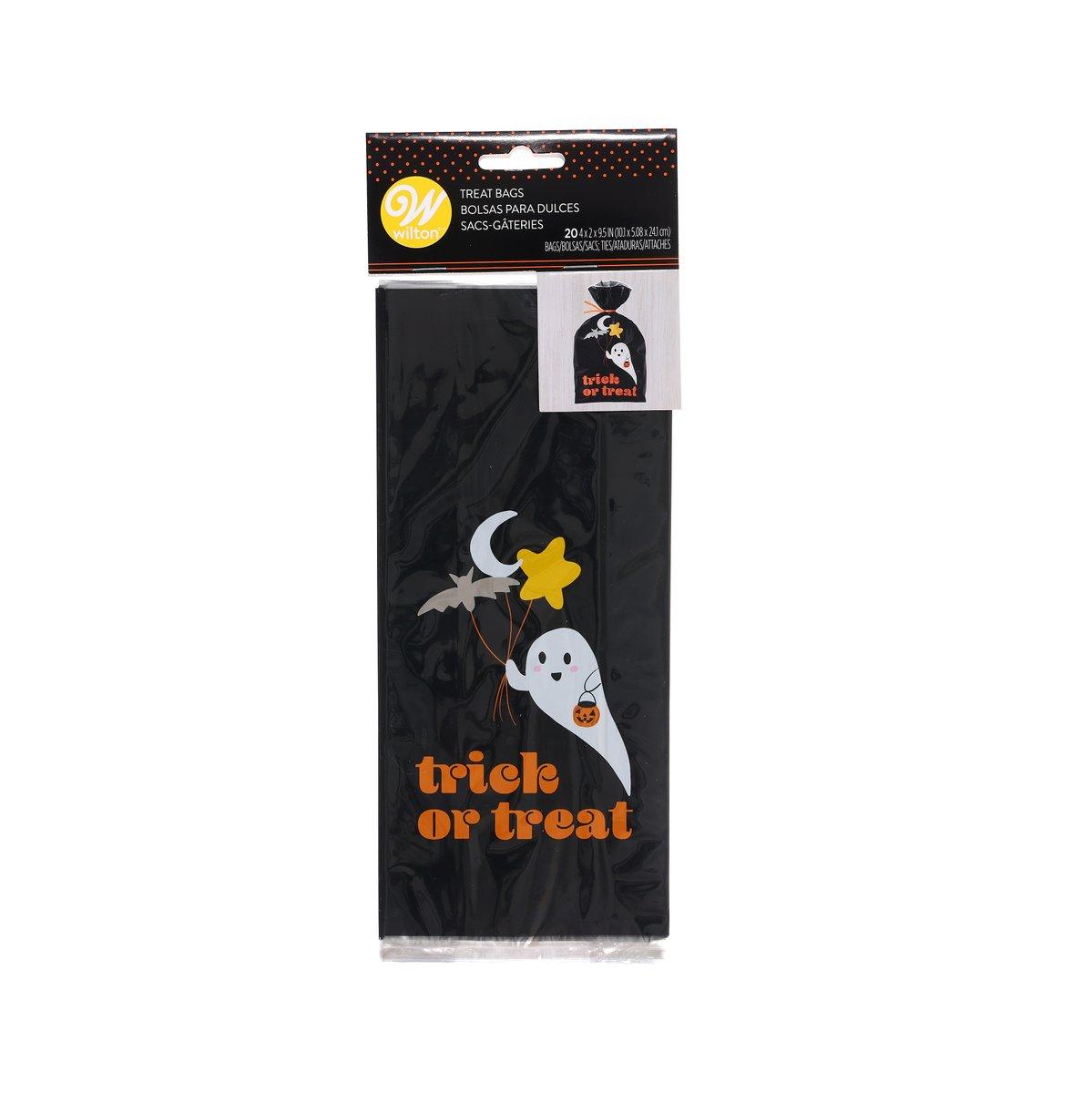 Black Halloween treat bag with “trick or treat” text and ghost pumpkin graphic