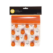 Halloween treat bag with ghost and pumpkin print, orange top zipper