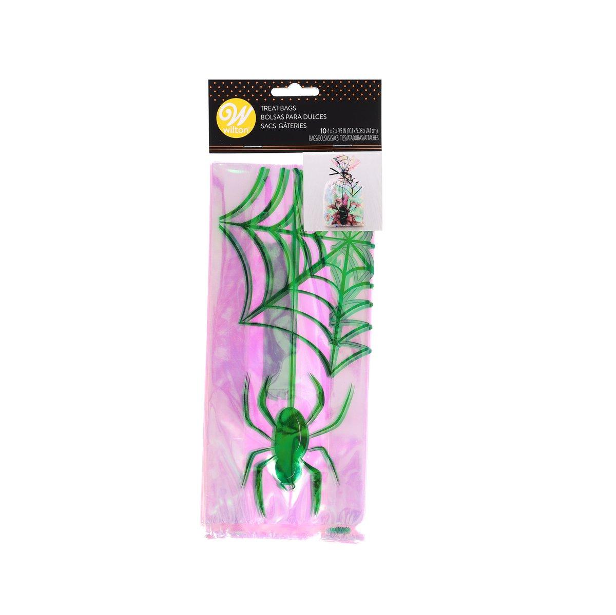 Halloween treat bag with pink plastic and green spider web and spider graphic