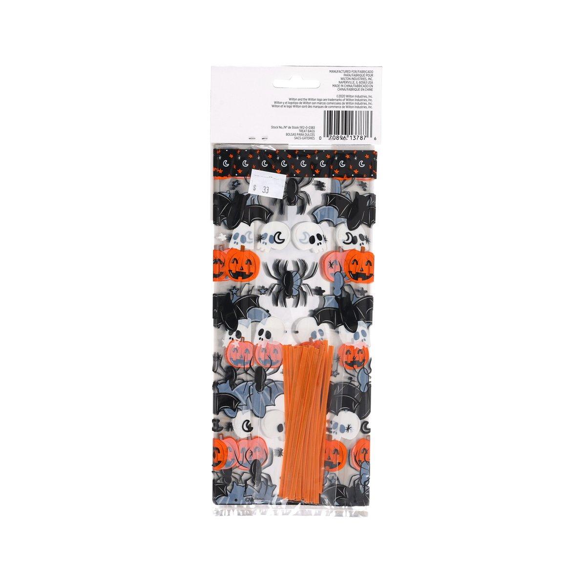 Halloween treat bag back with barcode and orange pumpkin/ghost pattern on black