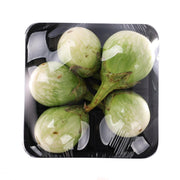 Packaged Thai green eggplant in black tray, oval green with white stripes