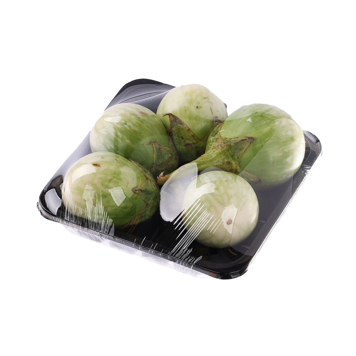 Packaged Thai green eggplant in black tray, assorted oval green vegetables with white stripes
