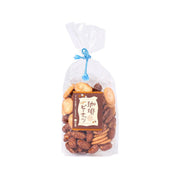 Coffee peanut and biscuit snack bag in clear plastic with blue tied bow