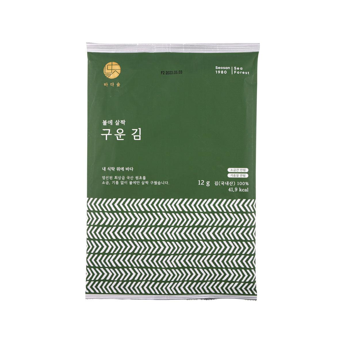 Roasted seaweed snack package, unseasoned, 12g, green pouch with patterned strip