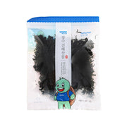 Dried seaweed snack in resealable clear bag with black seaweed pieces