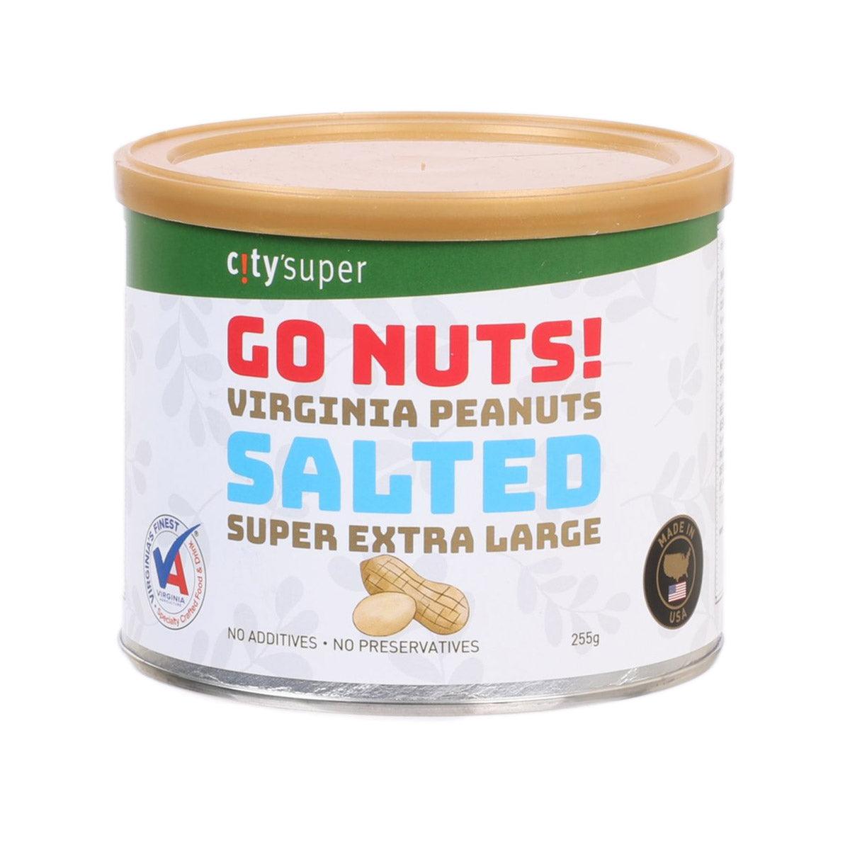 Jar of salted Virginia peanuts, super extra large, with green lid and label