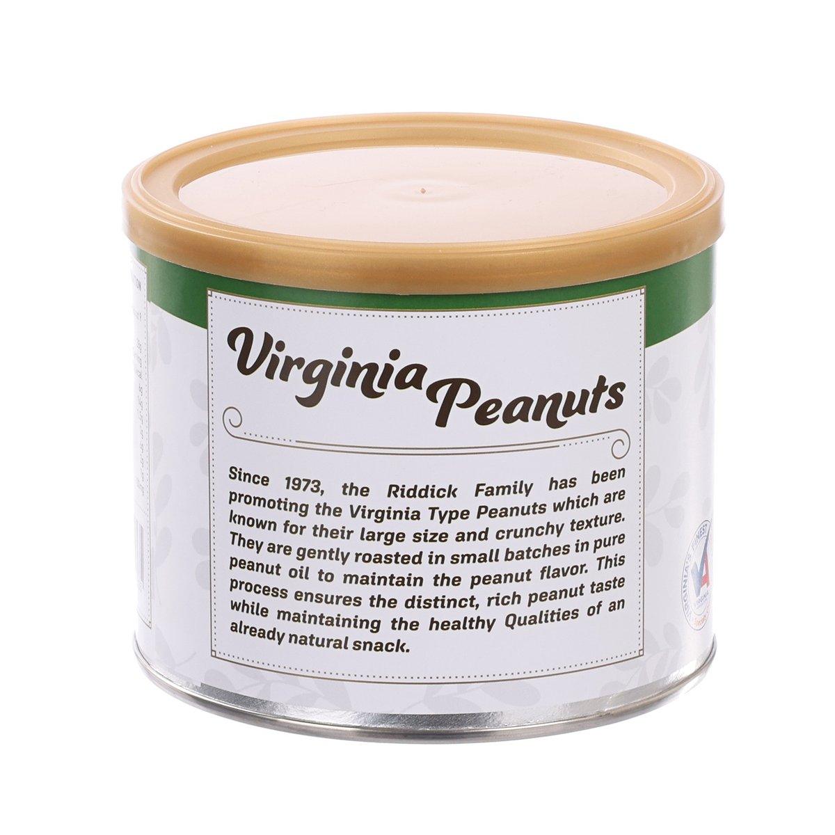 Virginia Peanuts salted nuts tub with green-and-white lid