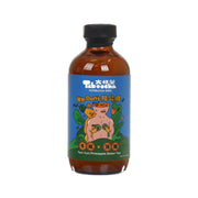 Kombucha drink bottle with amber tea, black cap, Tom Yum Pineapple Green Tea label