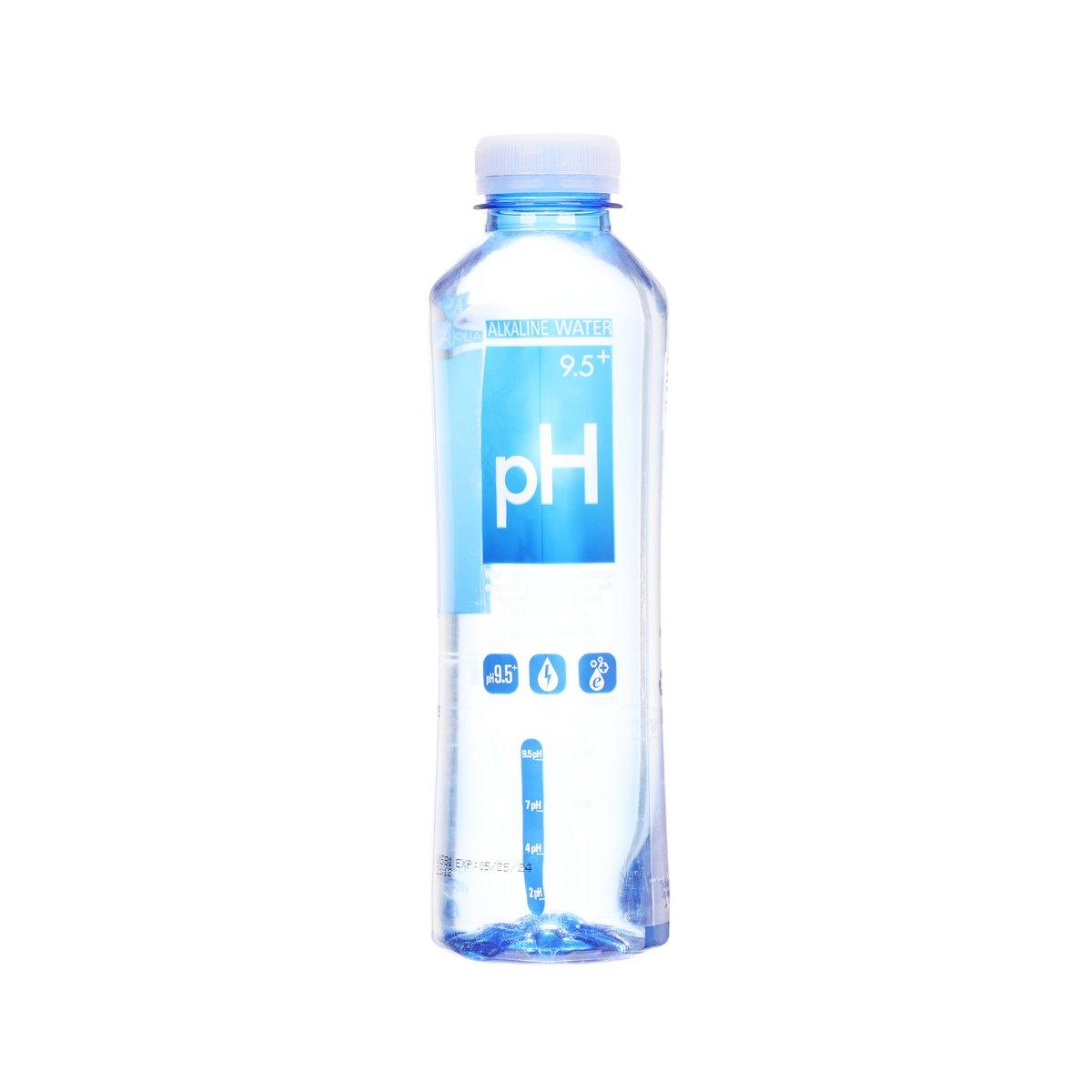 Plastic alkaline water bottle with blue pH 9.5+ label