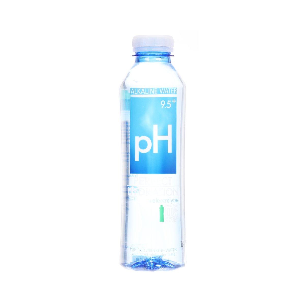 Plastic alkaline water bottle front with large pH text and blue band