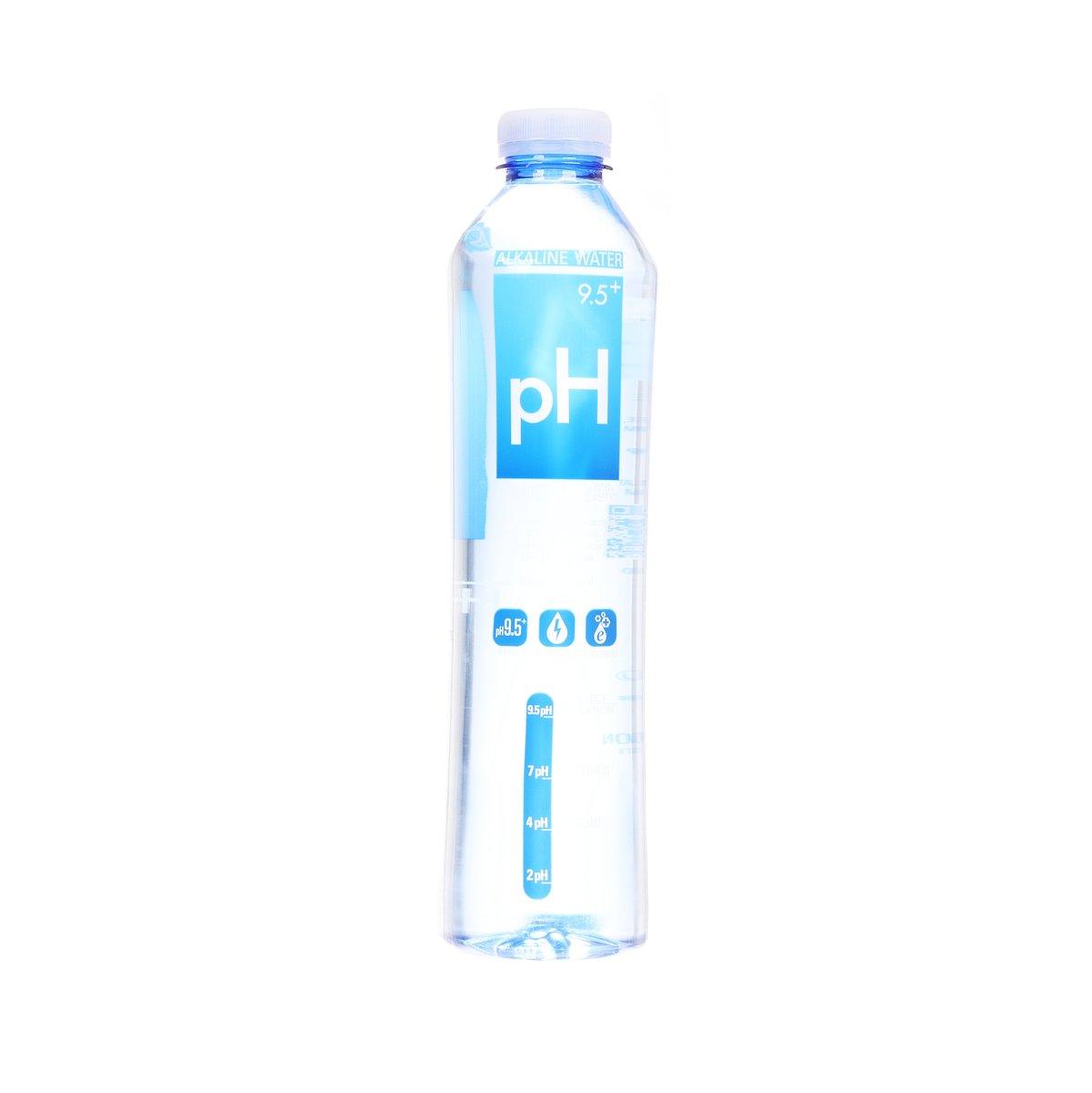 1L alkaline water bottle with pH 9.5+ panel and icons