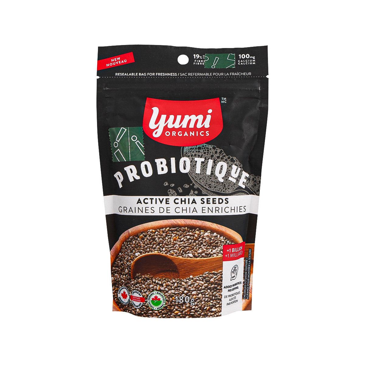 Organic probiotic chia seed pouch with red logo and front label, 180 g