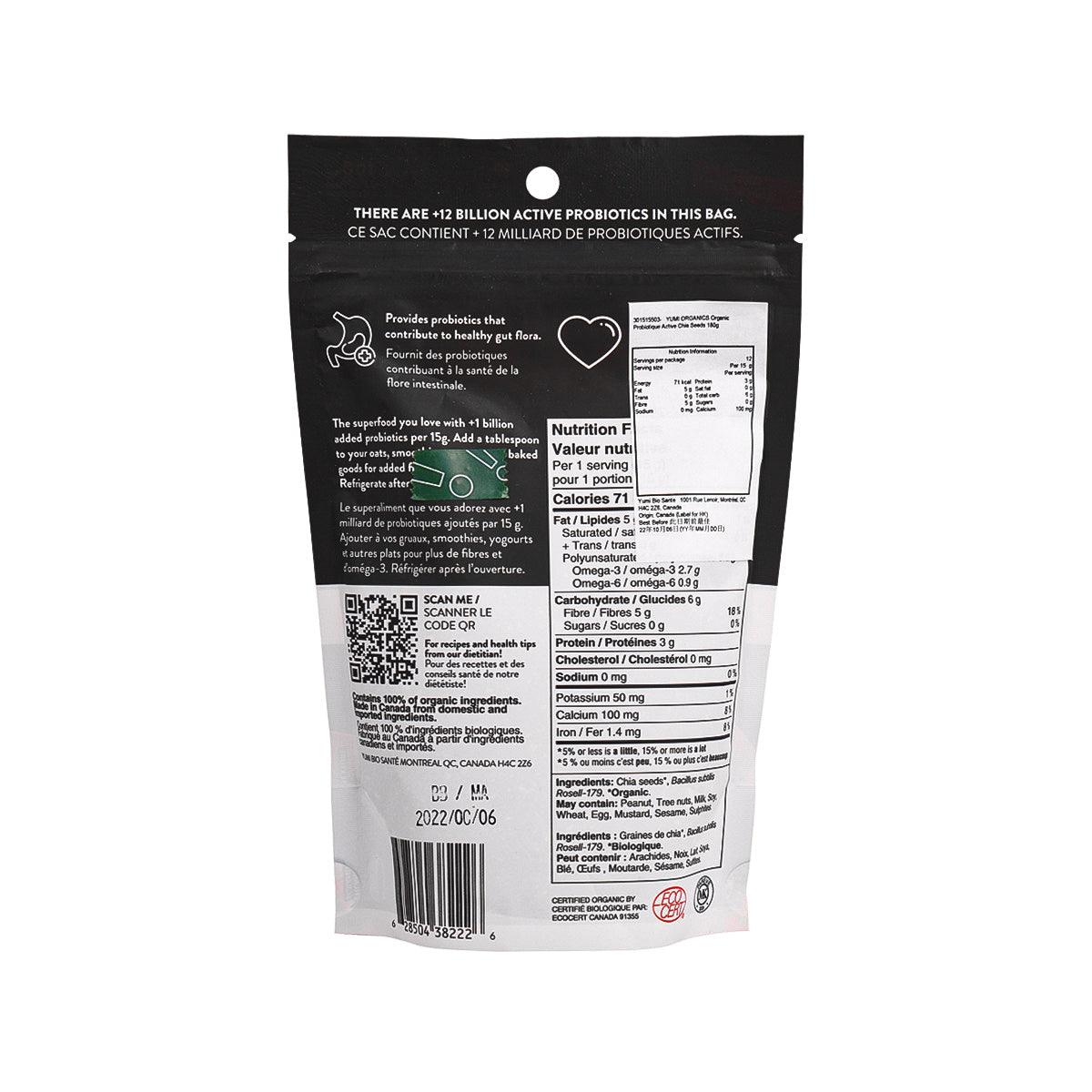Back of black pouch for probiotic chia seeds with nutrition facts and ingredients