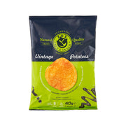 FOX vintage potato chips bag, green and dark blue front with potato slice graphic
