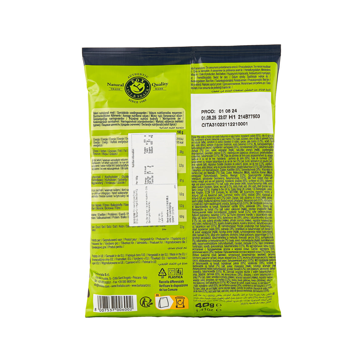 FOX potato chips bag back, green package with barcode and nutrition text panel