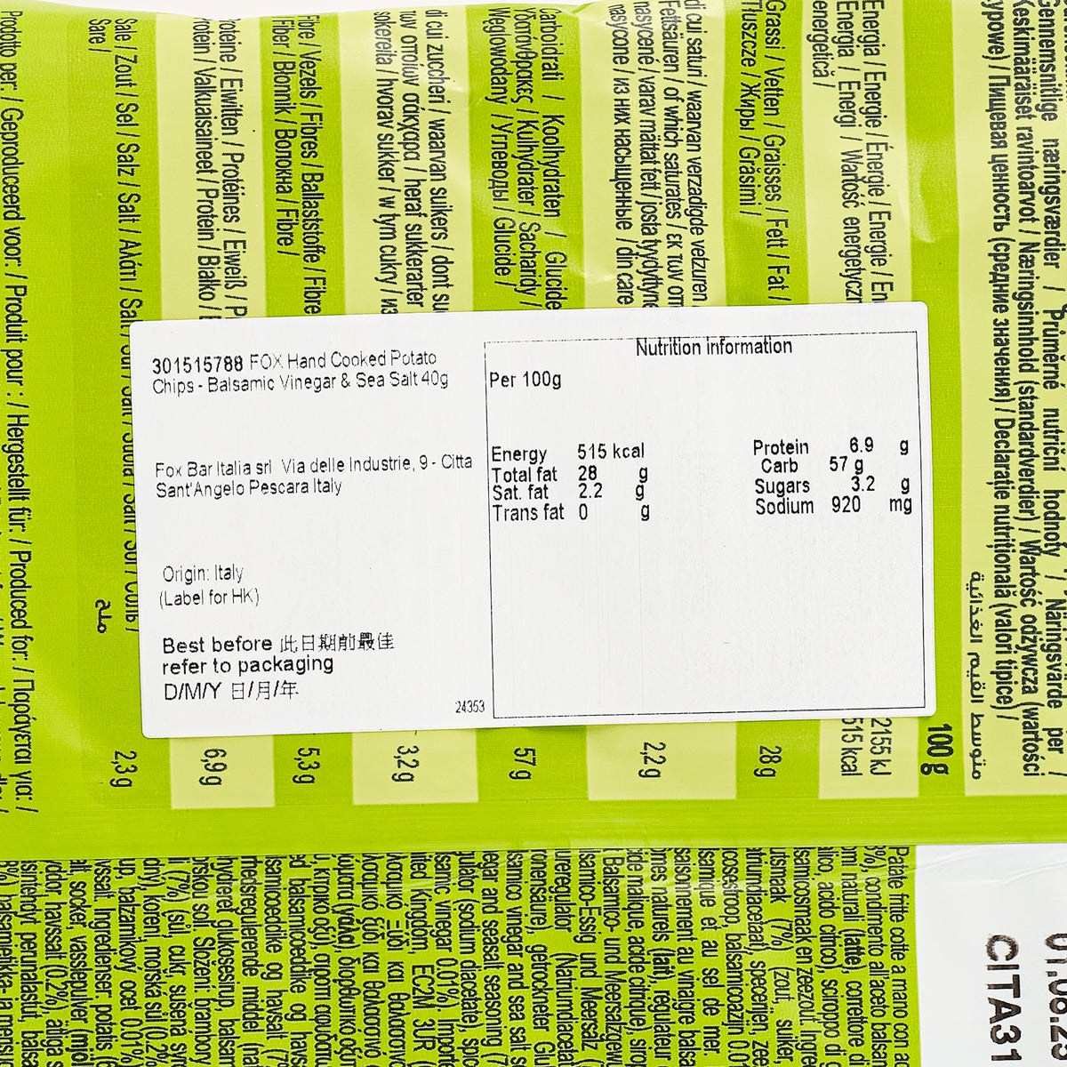 FOX potato chips bag close-up of nutrition facts and ingredients text on green