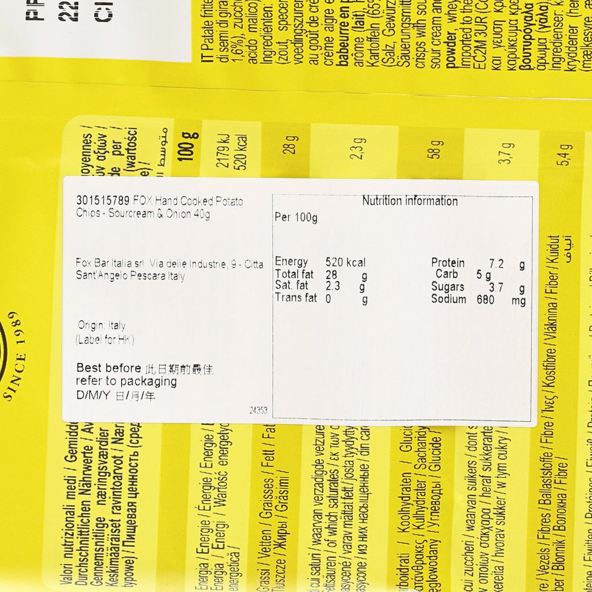 Sour cream and onion potato chips nutrition facts close-up on bag