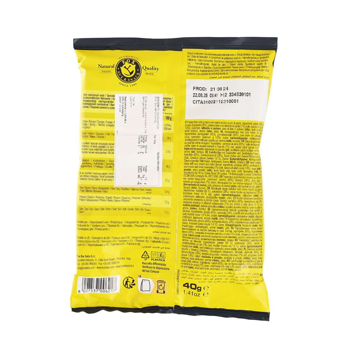 Sour cream and onion potato chips back of bag with ingredient panel