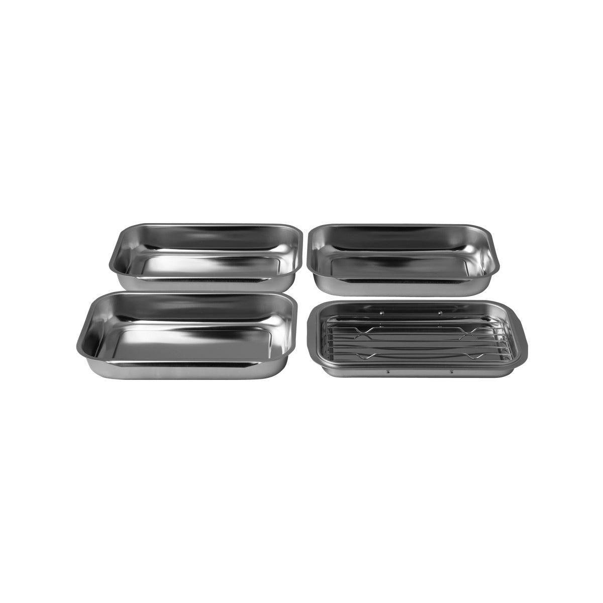 Stainless steel food container set with hinged lids, four rectangular containers