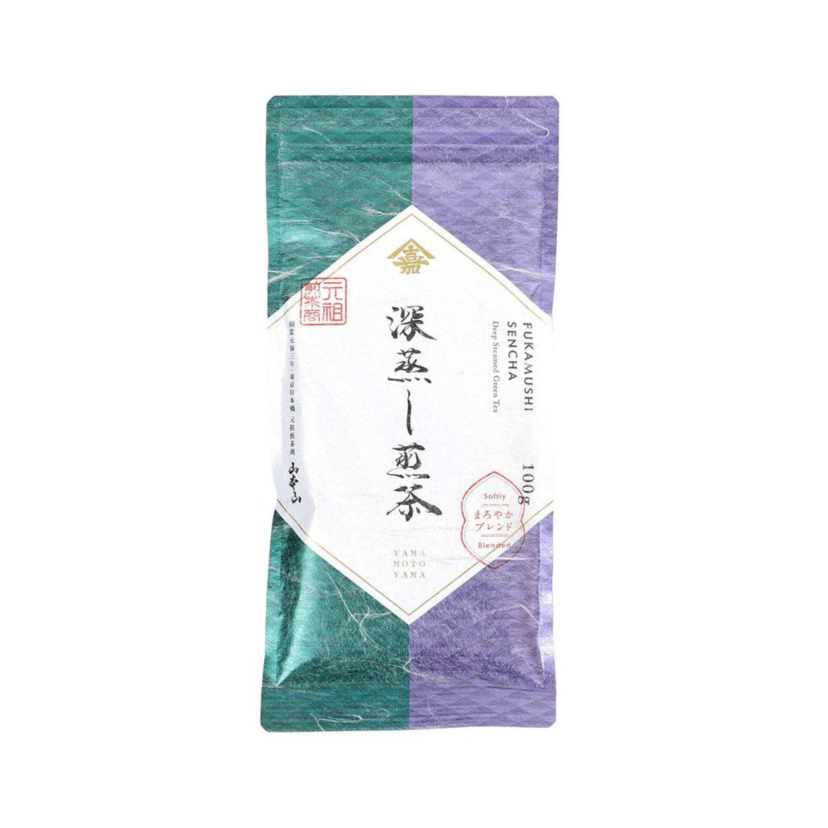 Deep-steamed sencha tea leaves pouch with green and purple wrap and white label
