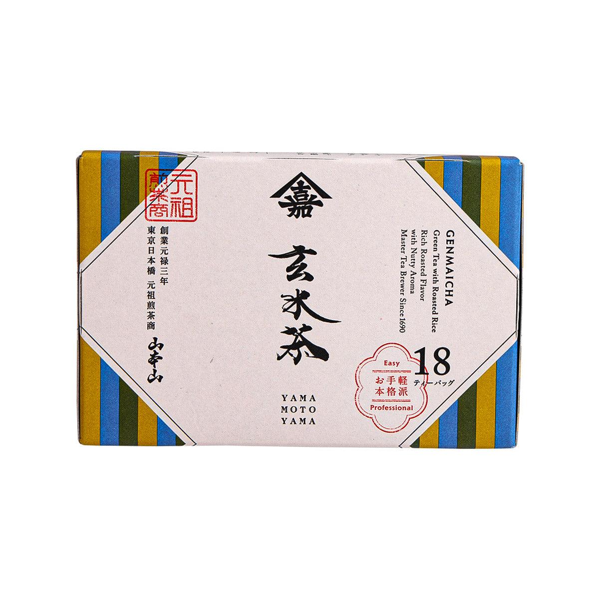 YAMAMOTOYAMA Genmaicha tea bag box, front label with striped blue/yellow sides
