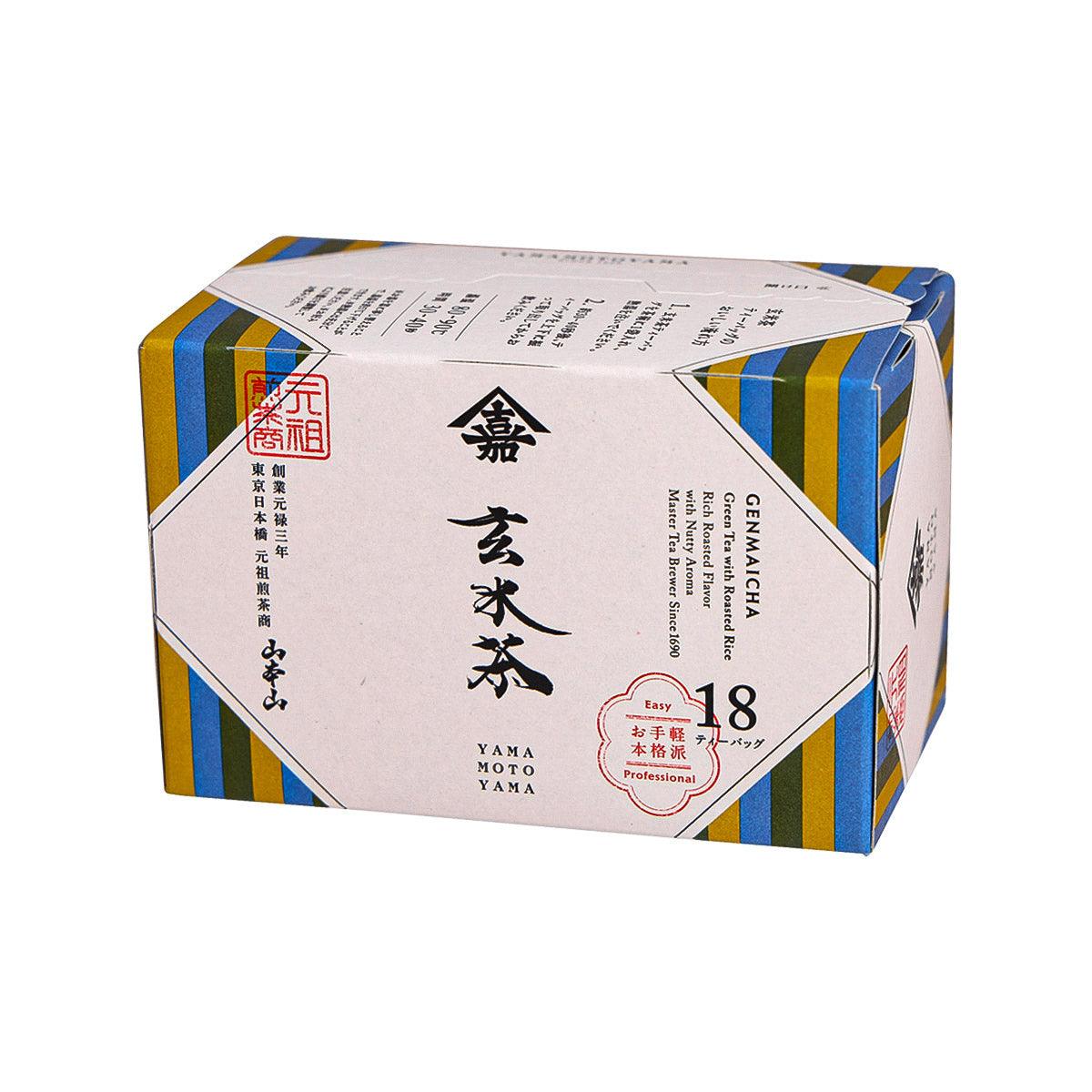 YAMAMOTOYAMA Genmaicha tea bag box, shows '18' and striped blue/yellow sides