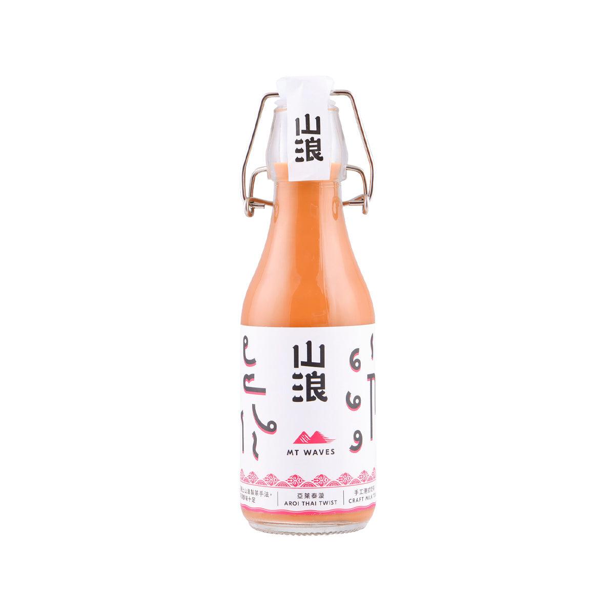 Swing-top milk tea bottle, peach label, MT WAVES Aroi Thai Twist 250 mL