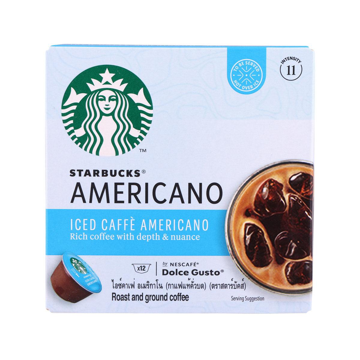 Starbucks Iced Caffe Americano coffee capsule box, white and blue, 11 intensity badge