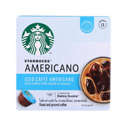 Starbucks Iced Caffe Americano coffee capsule box, white and blue, 11 intensity badge
