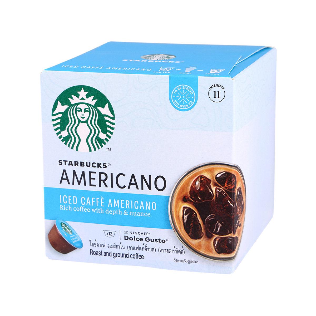 Starbucks Americano iced coffee capsule box with blue panel and serving suggestion