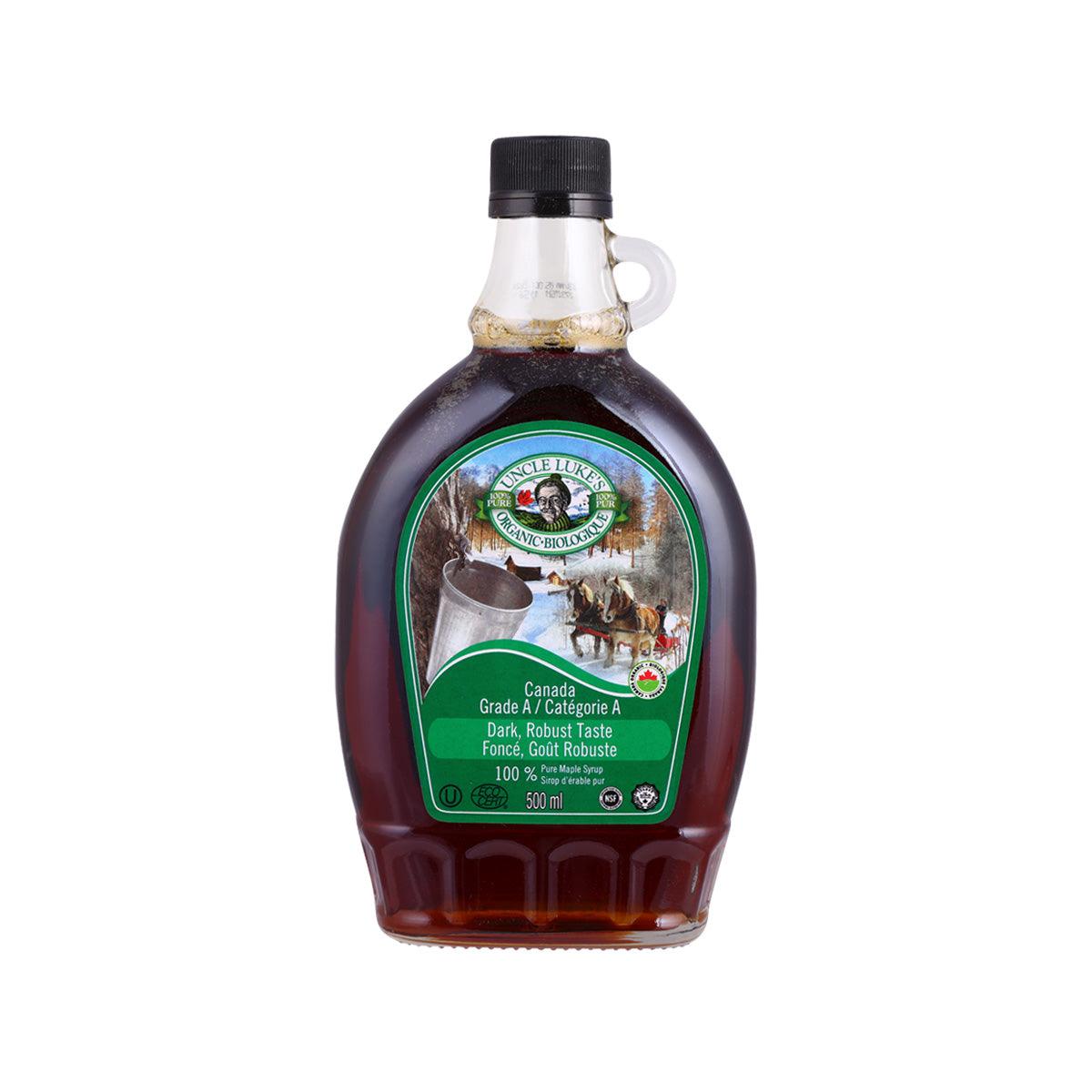 UNCLE LUKE'S dark organic maple syrup bottle, black cap, 500 mL