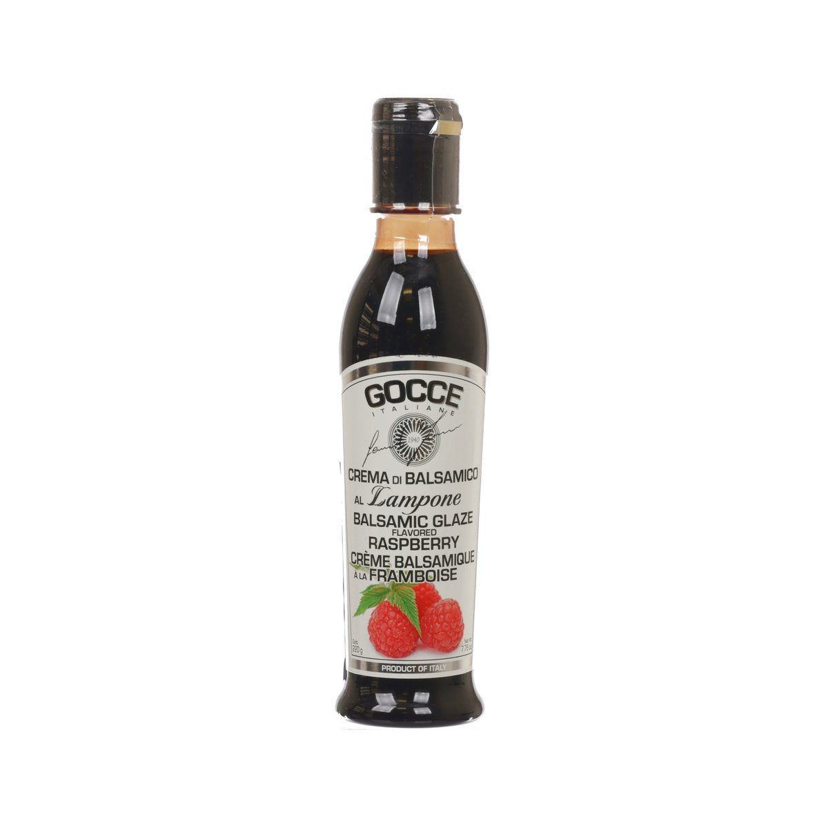 GOCCE raspberry balsamic glaze bottle, dark glass with cream label and fruit illustration