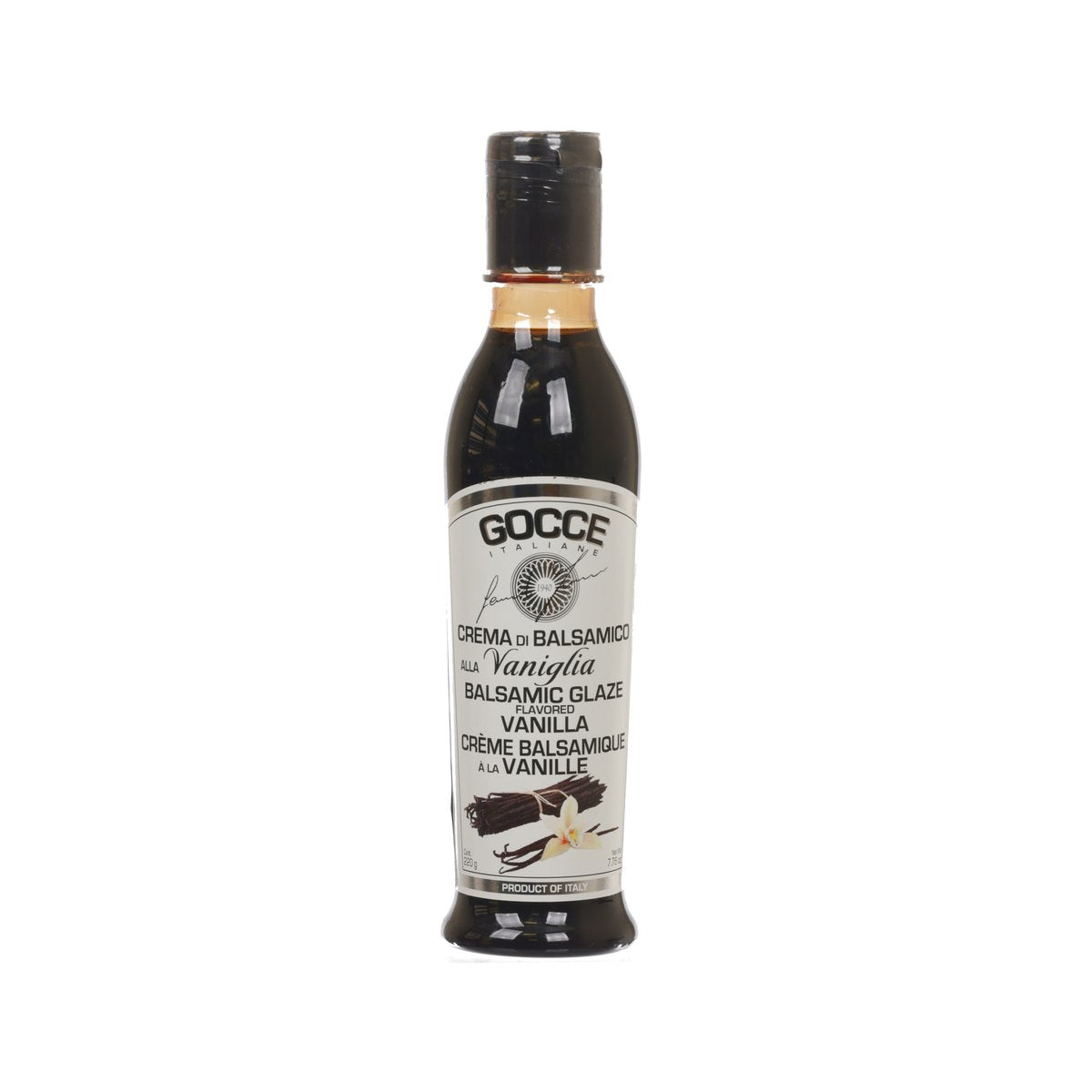GOCCE vanilla balsamic glaze bottle in dark glass with black cap