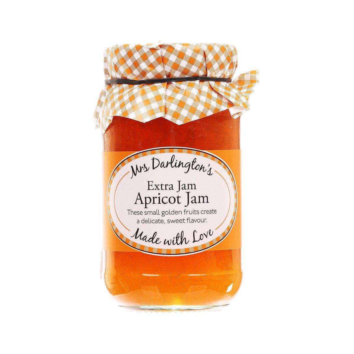 MRS DARLINGTON'S apricot extra jam in glass jar with orange gingham-tied lid