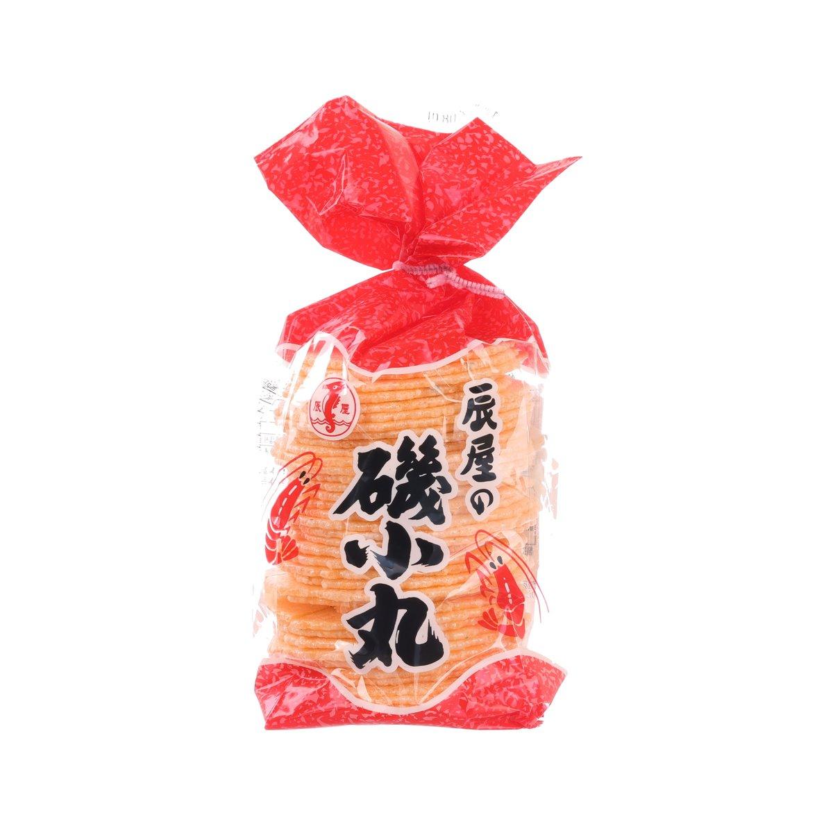 Shrimp cracker snack bag with red twist top and orange cracker pieces visible