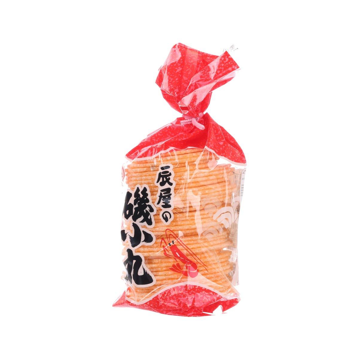 Shrimp cracker snack bag with red crinkle wrap and orange crackers inside