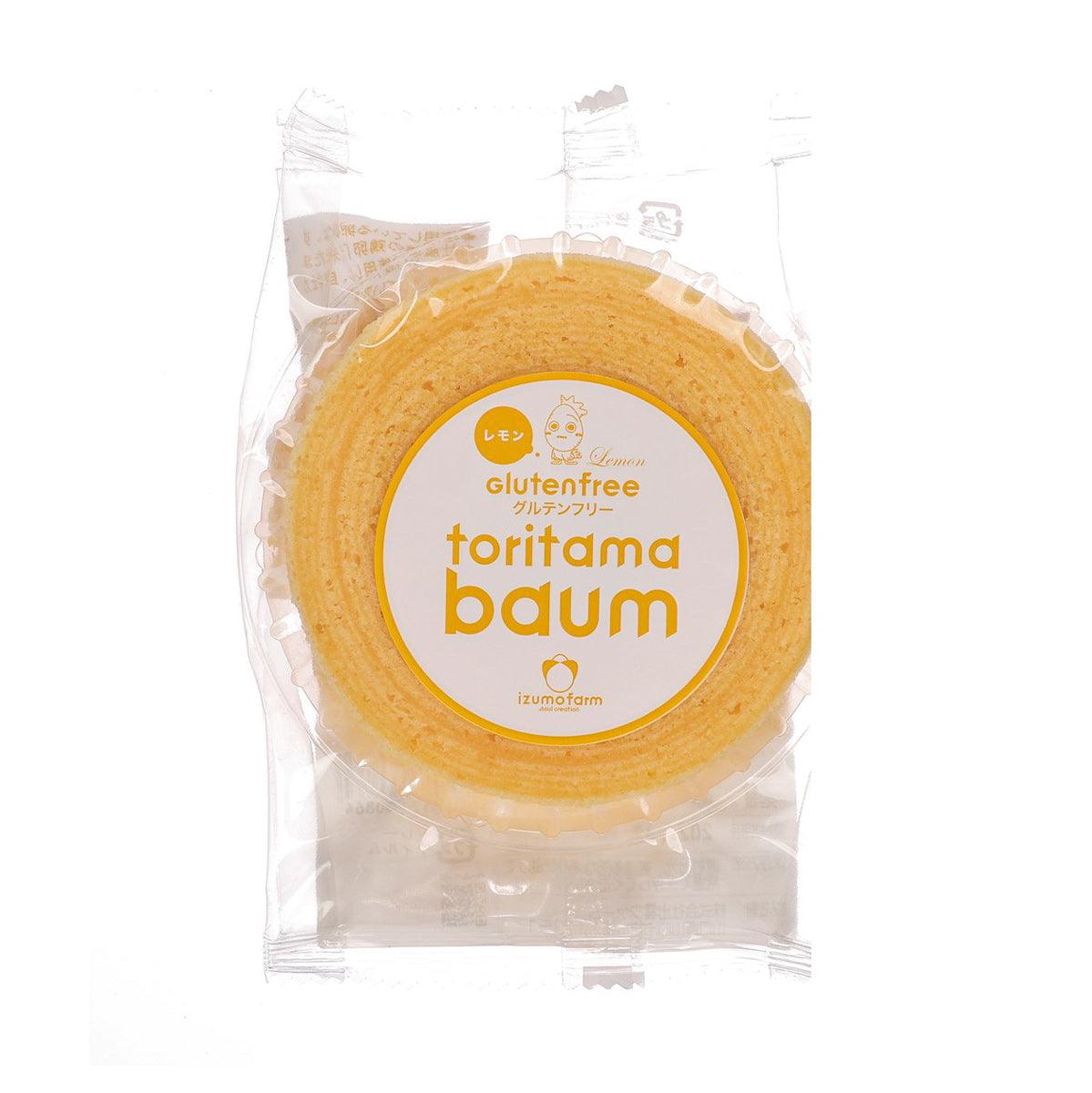 Gluten-free lemon baumkuchen cake in clear bag, round golden cake