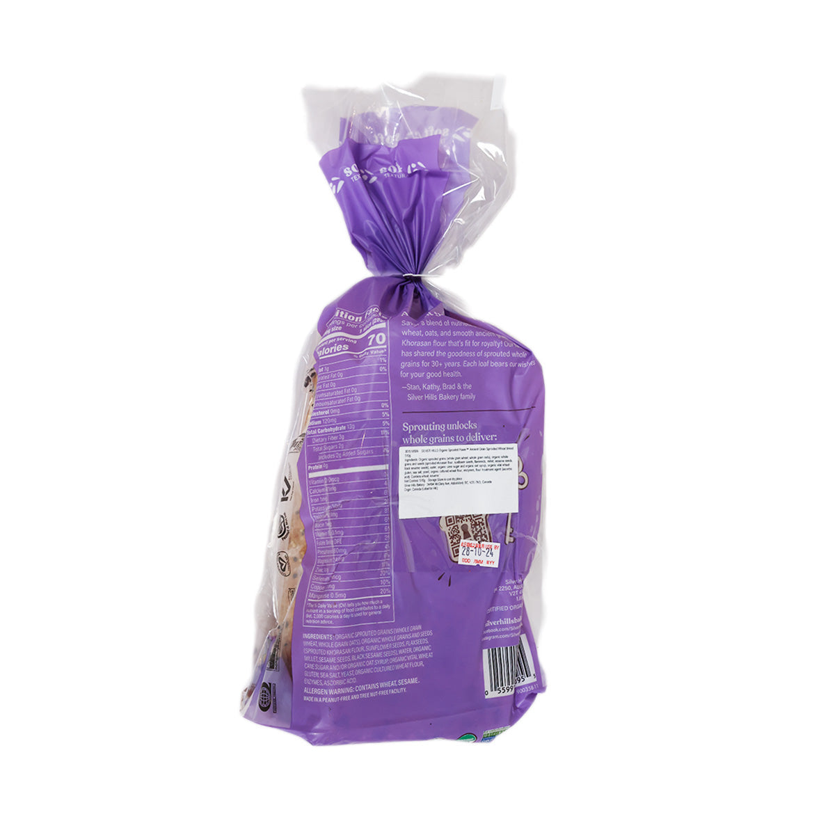 SILVER HILLS sprouted wheat bread bag with purple nutrition panel