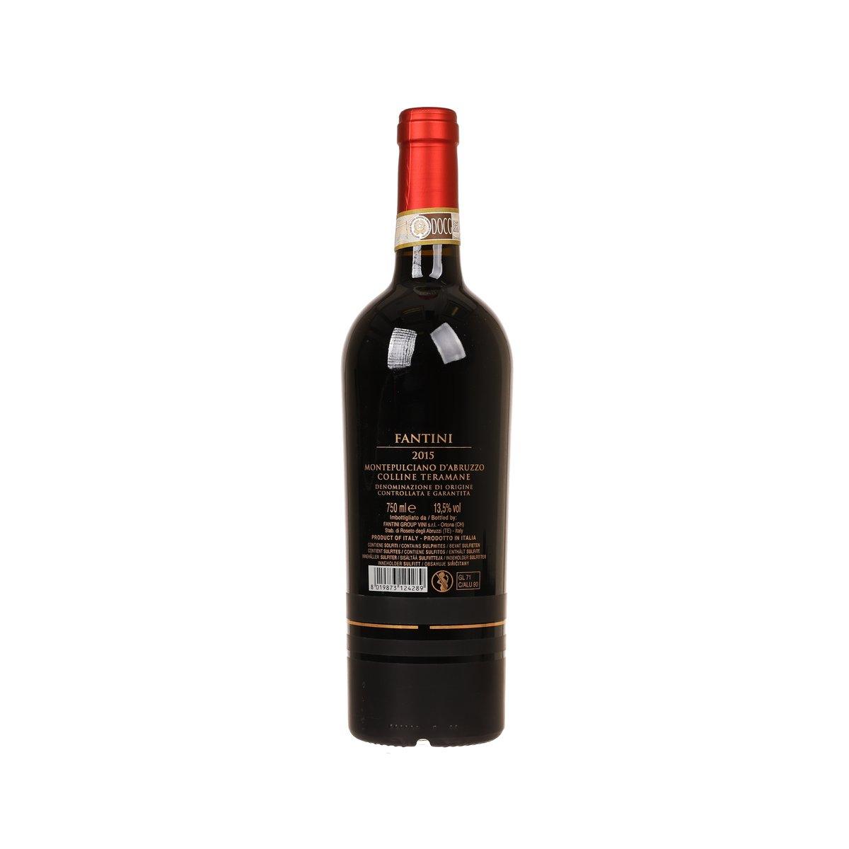 FANTINI Montepulciano wine bottle with red capsule and label text, back view