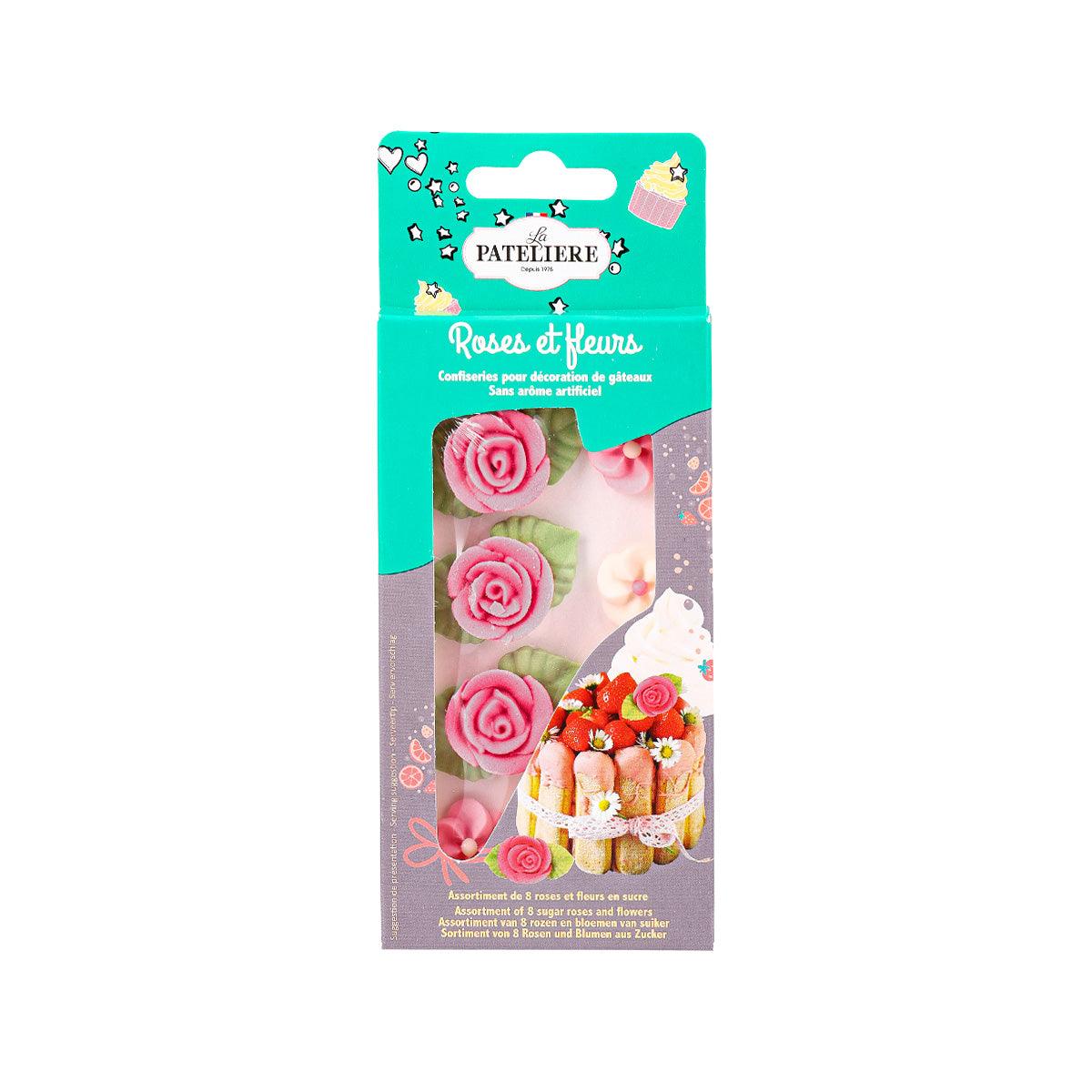 LA PATELIERE roses and leaves icing decorations, 13 g pack with pink rose toppers