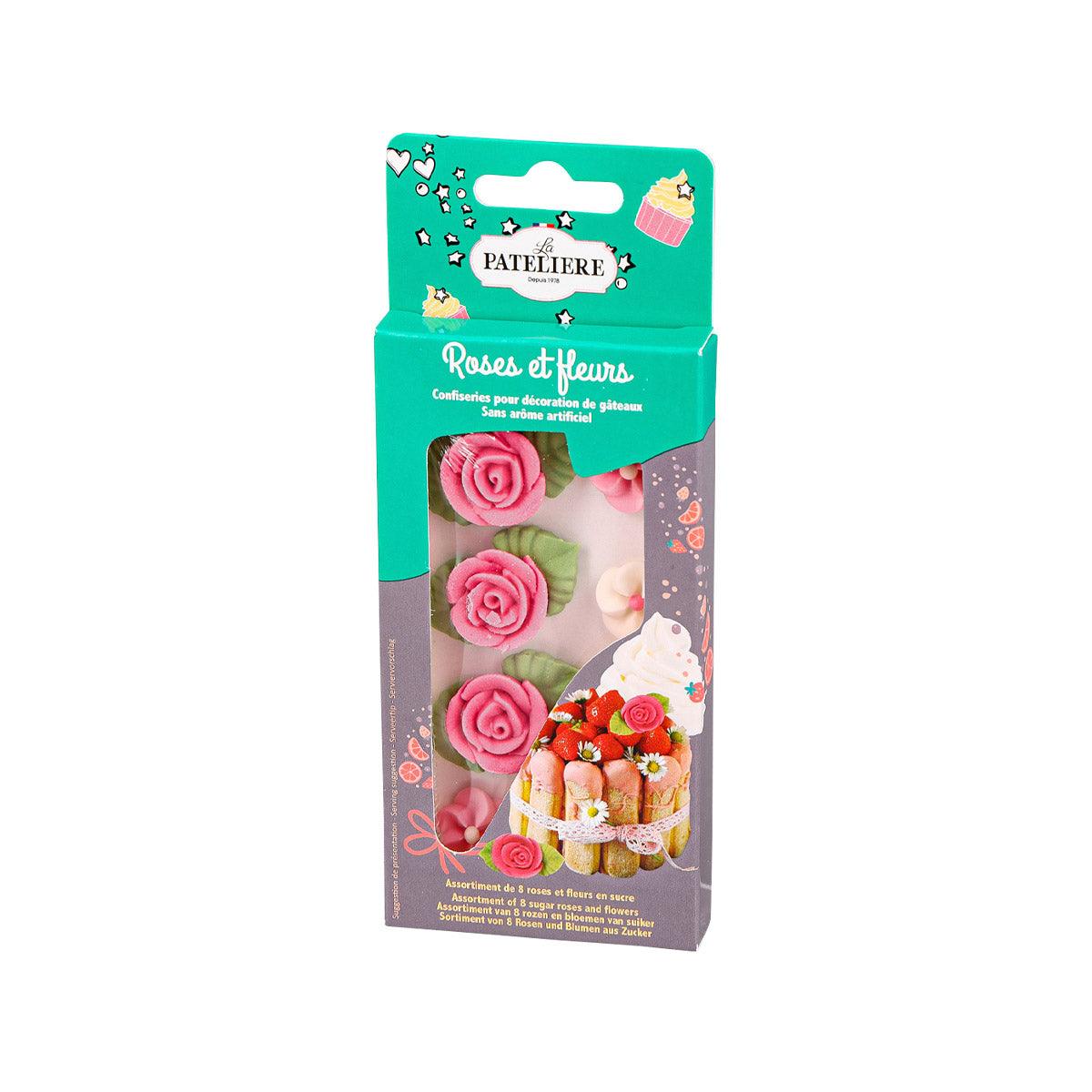 LA PATELIERE roses and leaves icing decorations, assorted pink floral icing pieces on pack