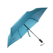 Blue auto-fold umbrella with safety strap and curved handle